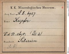 Etiketten zu Kupfer (NHMW-MIN-Ab6927)